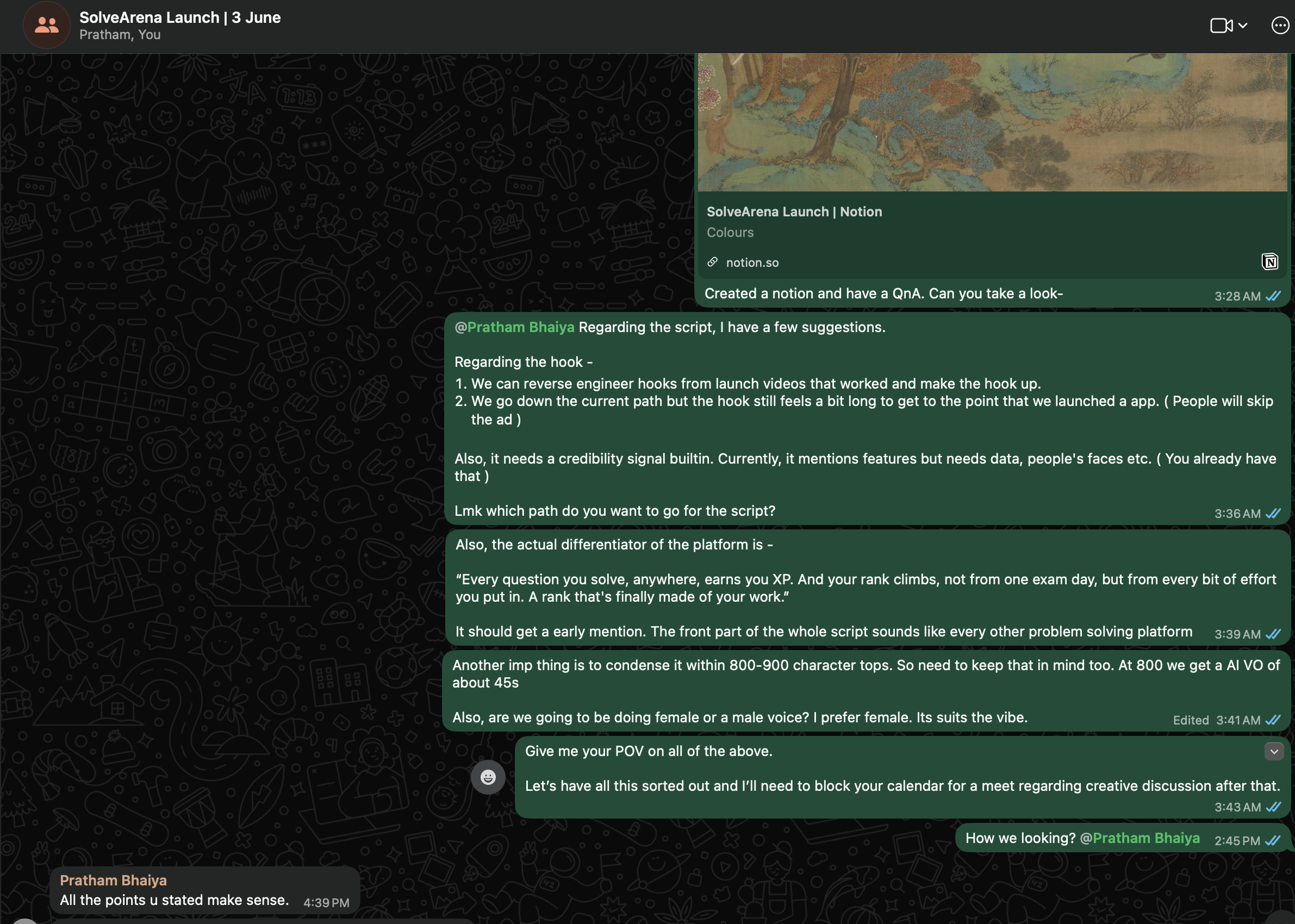SolveArena launch script in Notion with notes